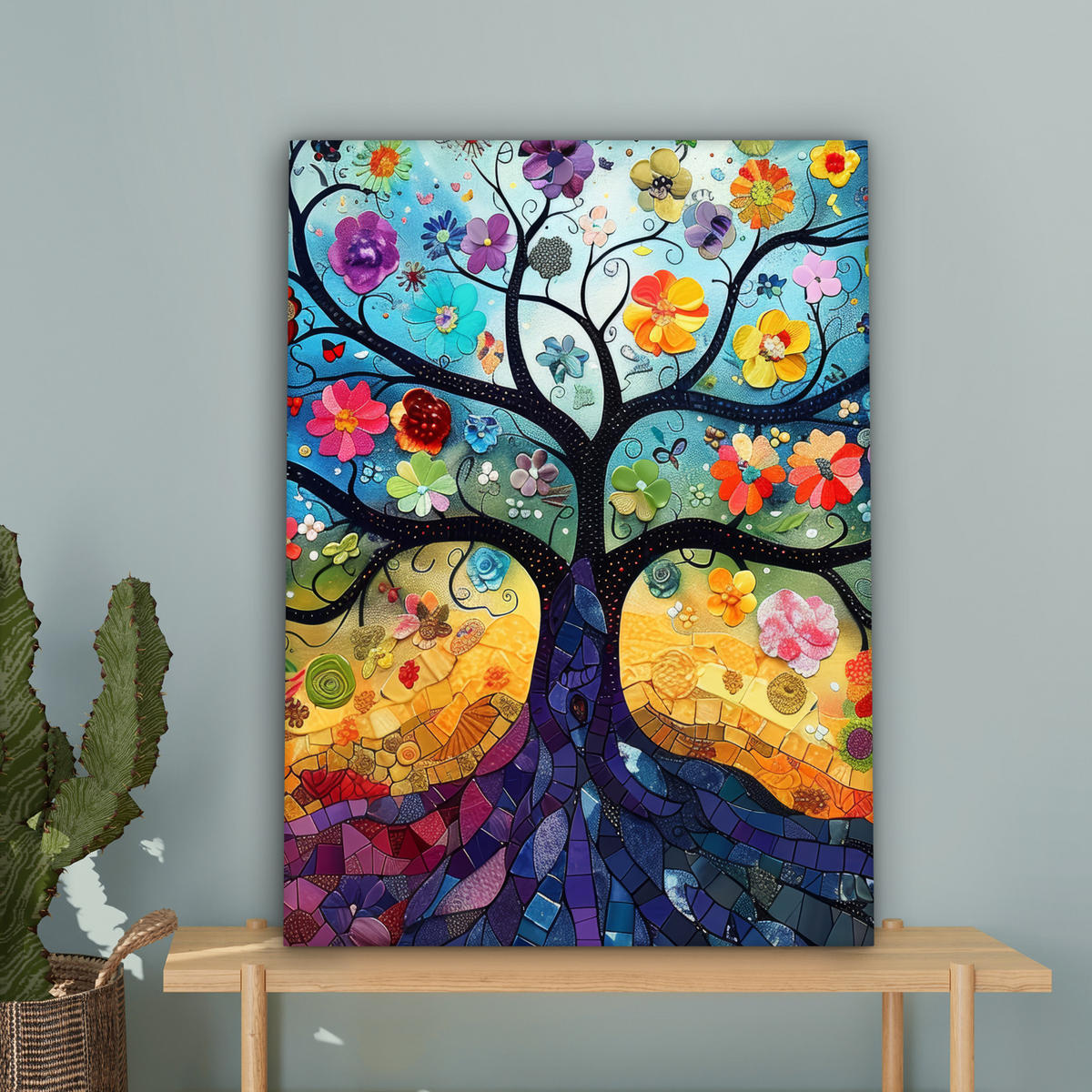 LEINWANDBILD Kunst - Baum des Lebens - Blumen - Hippie Wandbild Wohnzimmer 60x80 cm - Dunkelblau, Textil (60/80cm) - MuchoWow