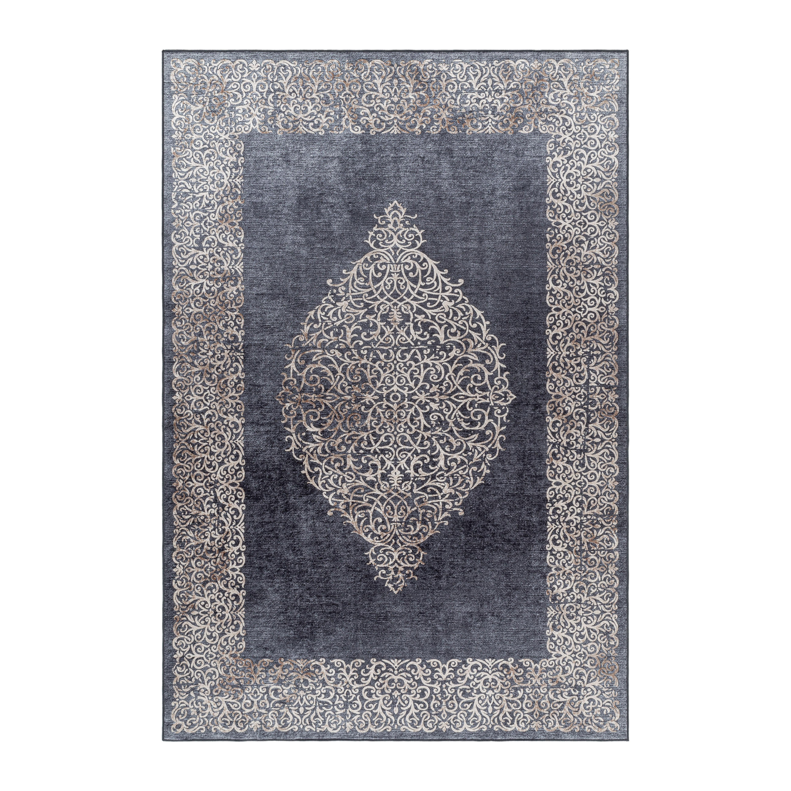 TEPPICH Waschbar Flachgewebe Barock Polyester Wohnzimmer Schwarz Rechteckig 200x290 - Schwarz, Textil (200/290cm) - KADIMA DESIGN