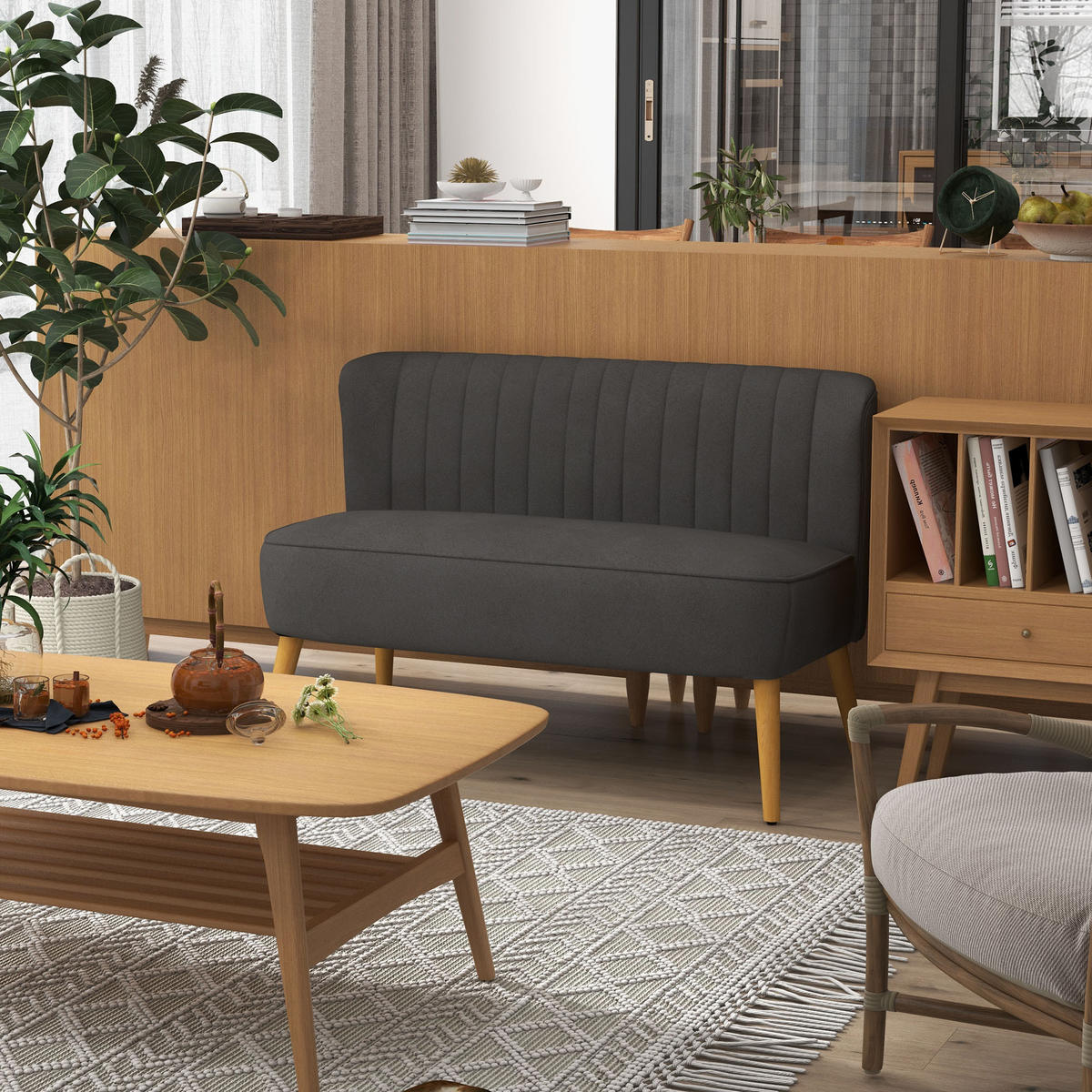 2-SITZER Sofa Zweisitzer, Loveseat mit Leinenoptik, Doppelsofa mit Holzbeine - Dunkelgrau/Naturfarben, Holz/Textil (56.5/77/117cm) - HOMCOM