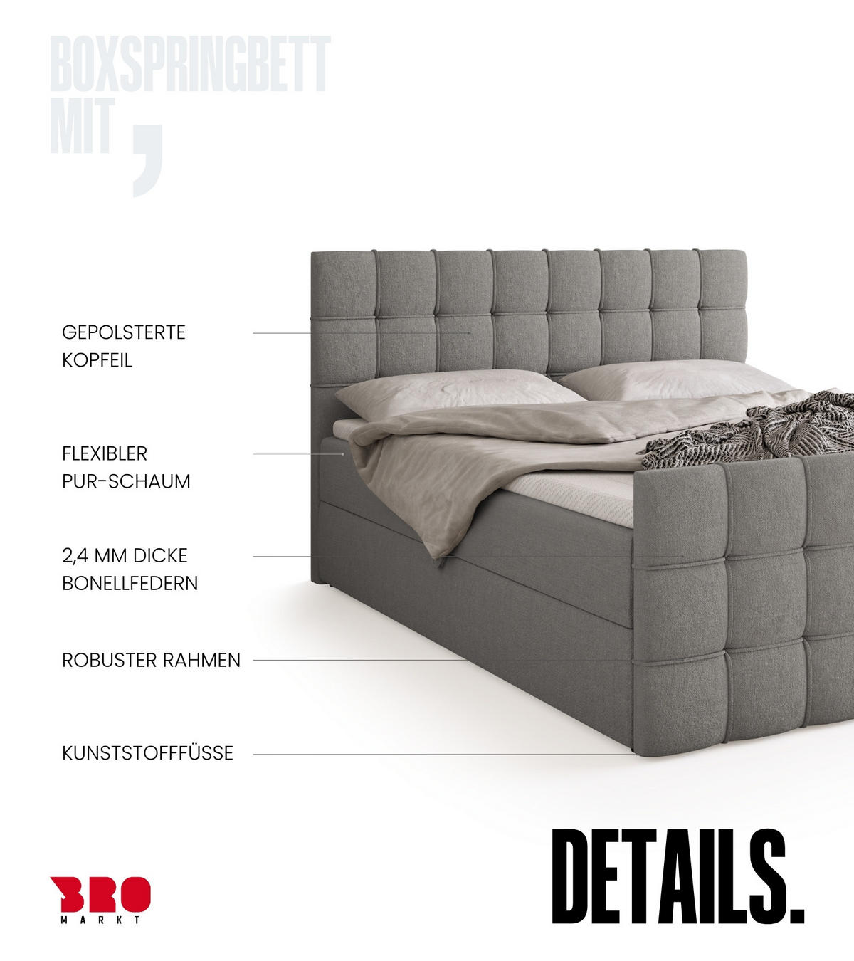 BOXBETT Detroit Duo mit Topper 160/200 Grau - Grau, Textil (160/200cm) - Bromarkt