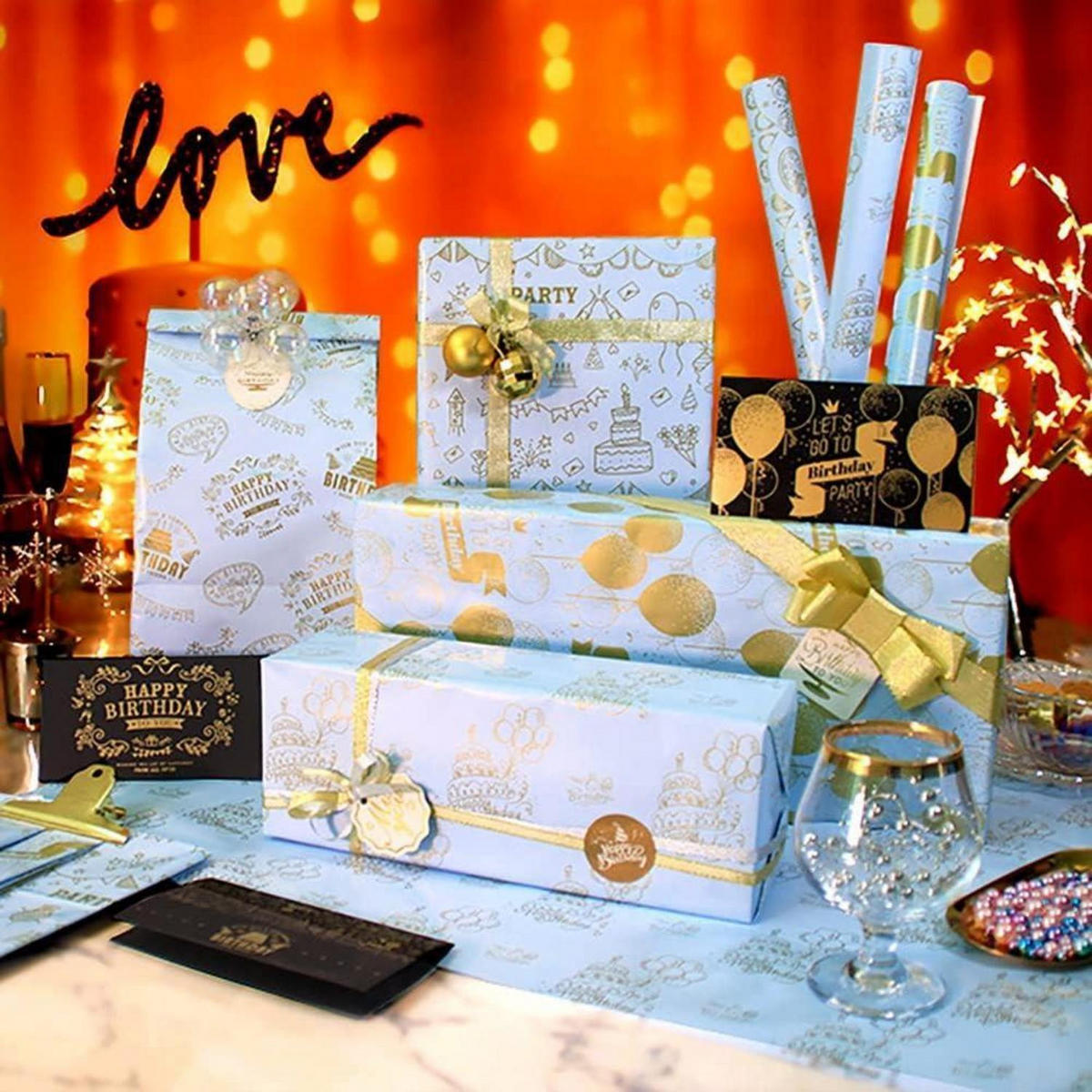 GESCHENKPAPIER Set 6 Blatt Goldmuster 70 x 50 cm - Blau, Papier (50/0.1/70cm)