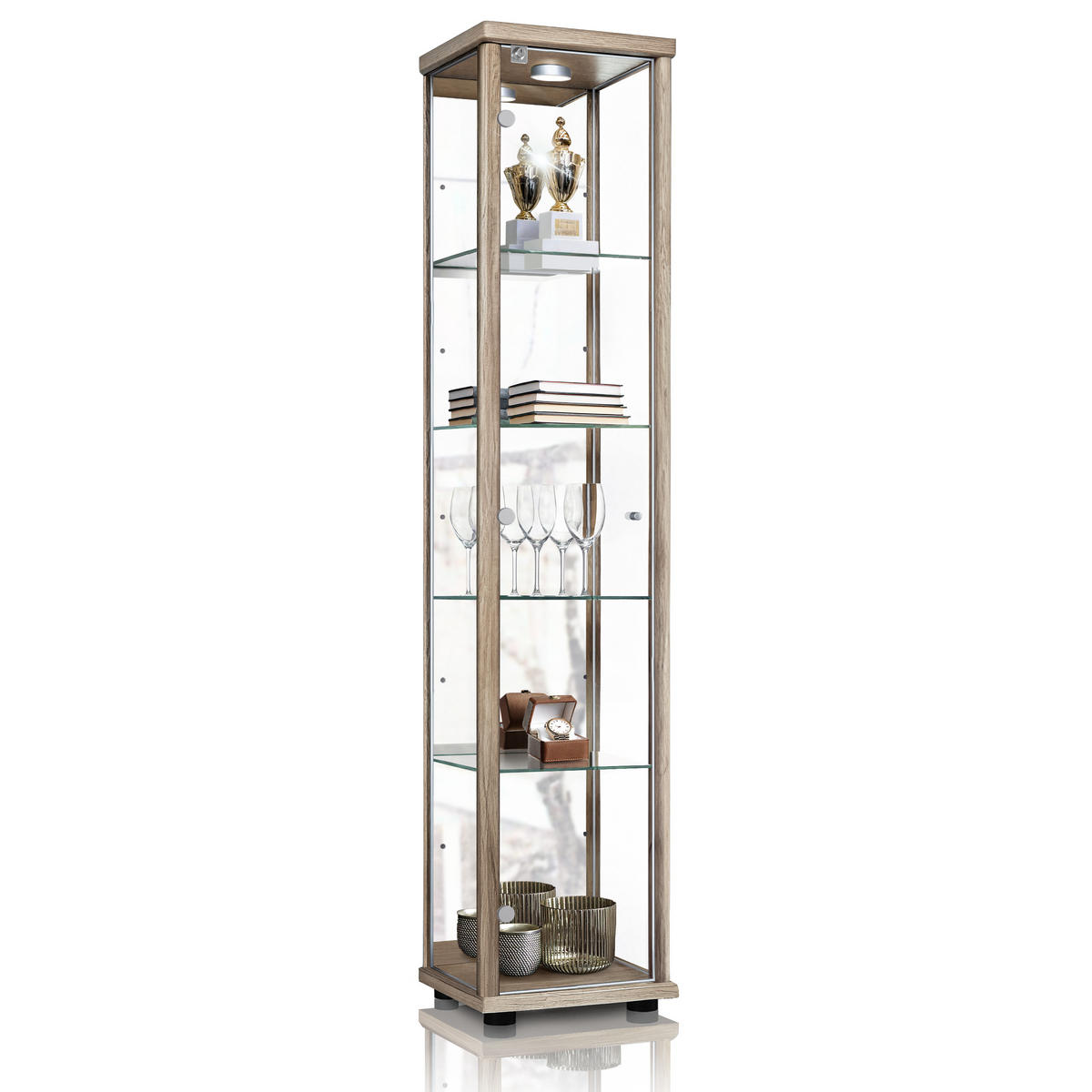 GLASVITRINE 33/37/176 cm mit Spiegel, LED, Schloss & 4 höhenverstellbaren Glasböden - Transparent/Silberfarben, Glas/Holzwerkstoff (37/176/33cm) - K-Möbel
