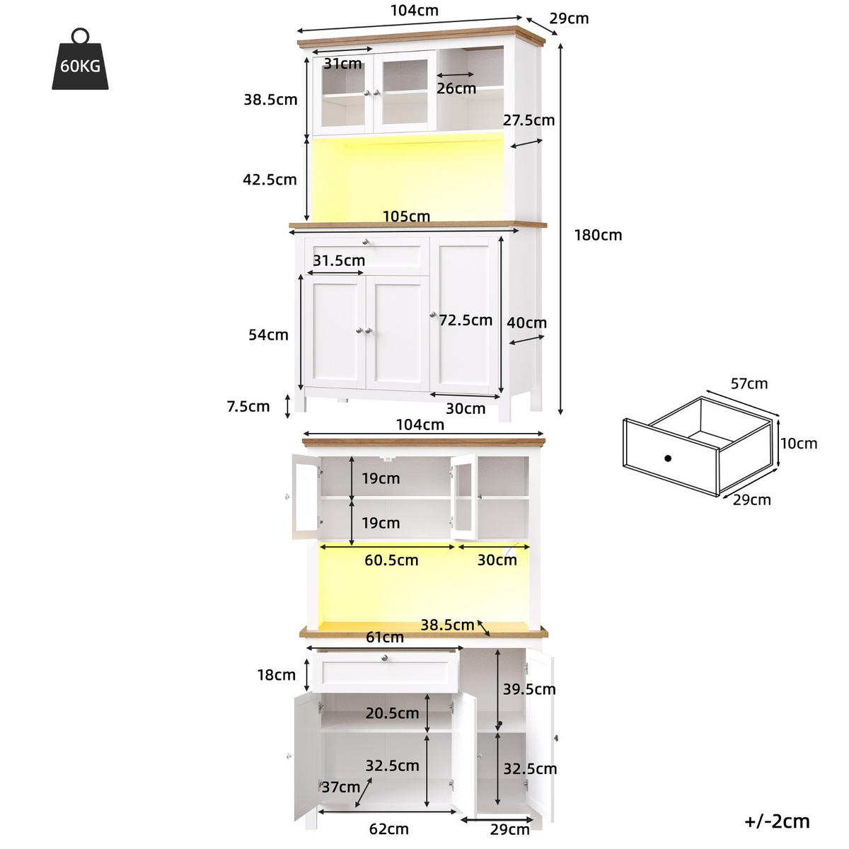 KÜCHENSCHRANK weiß 180cm, 104/180/40 cm, MDF, Weiß, MIT LED-BELEUCHTUNG, MIT SCHIEBETÜR, für Esszimmer und Küche - Weiß, Holzwerkstoff (40/180/104cm) - Rolipo
