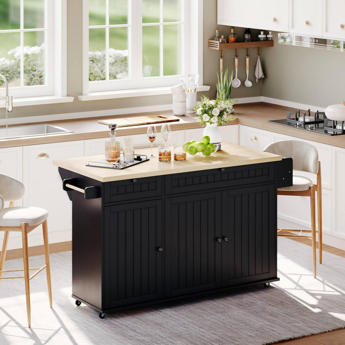 KÜCHENINSEL 137/45/89,5 cm Natur/Schwarz aus MDF mit klappbarer Arbeitsplatte - Naturfarben, Holzwerkstoff (137/89.5/70cm) - OKWISH