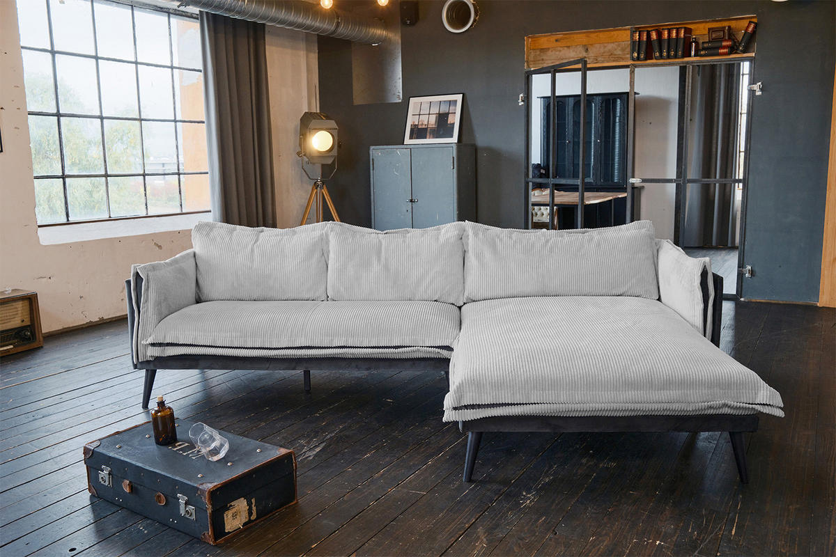 ECKSOFA QUENYA Hellgrau Velvet - Hellgrau/Schwarz, Textil (294/184cm) - KAWOLA