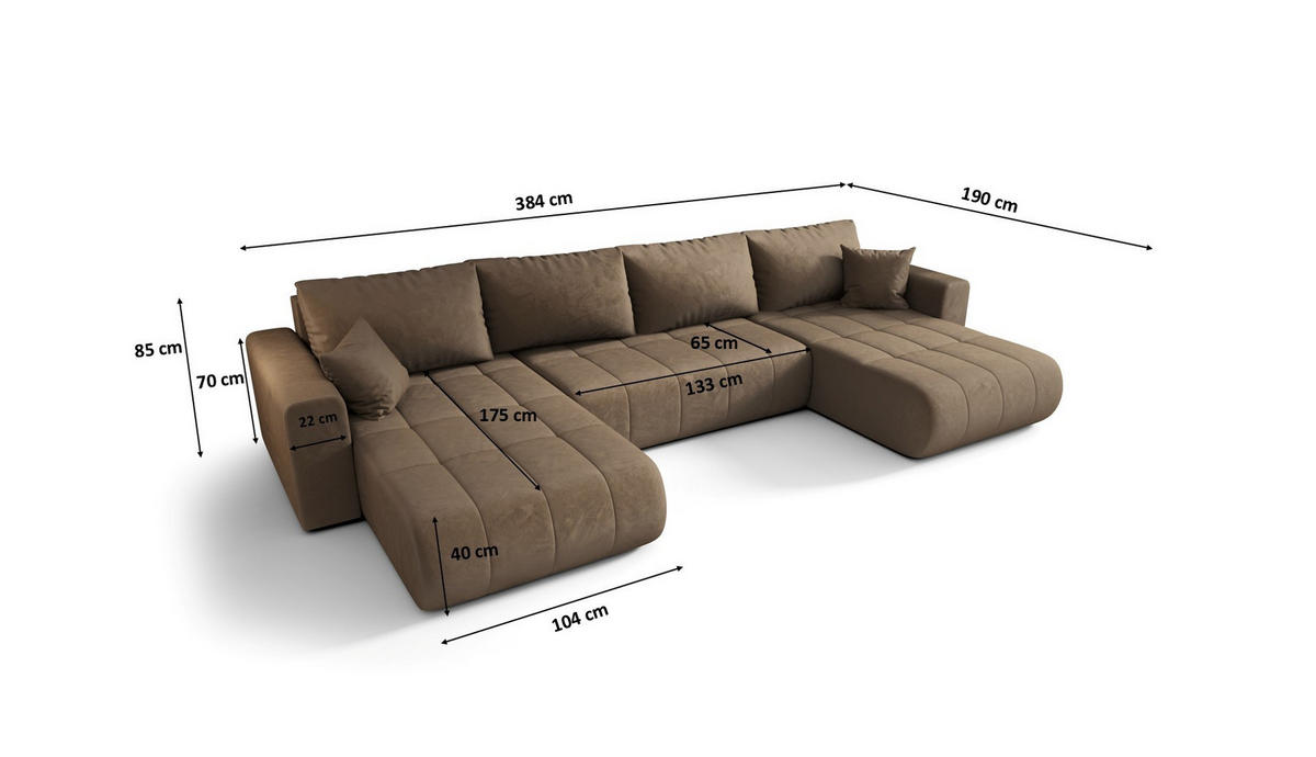 ECKSOFA mit schlaffunktion und bettkasten MILO U, stoff MONOLITH, Hellbraun - Hellbraun, Holz (384/190cm) - Kaiser Möbel