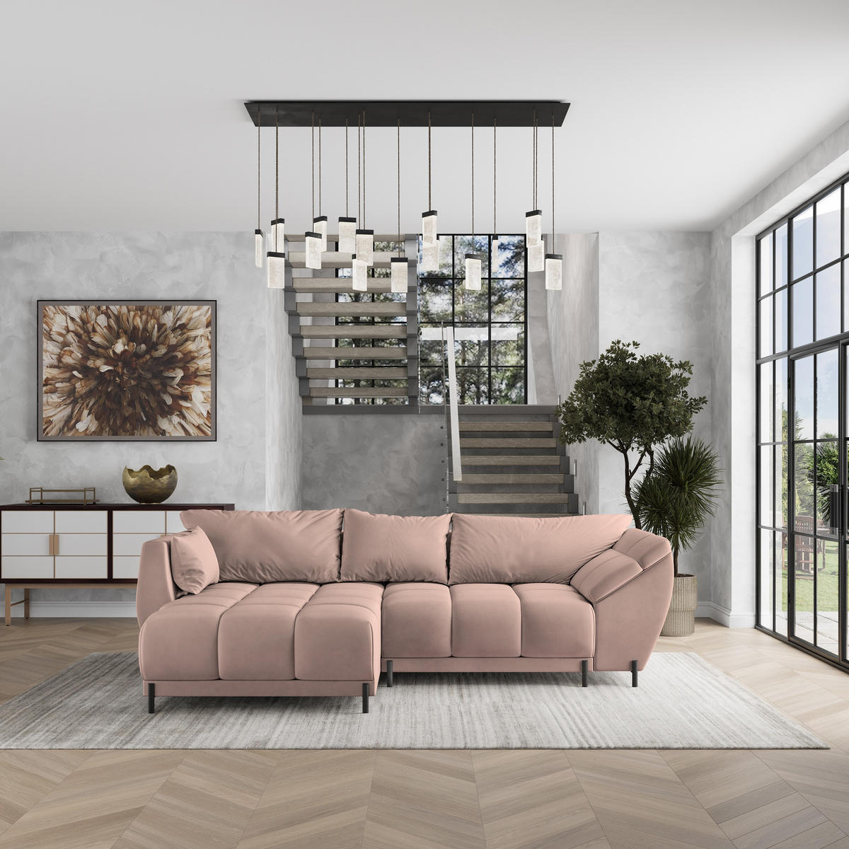 ECKSOFA VESTANO L-S Rosa Velours-Stoff mit Schlaffunktion - Rosa, Holz (287/182cm) - MASSENO