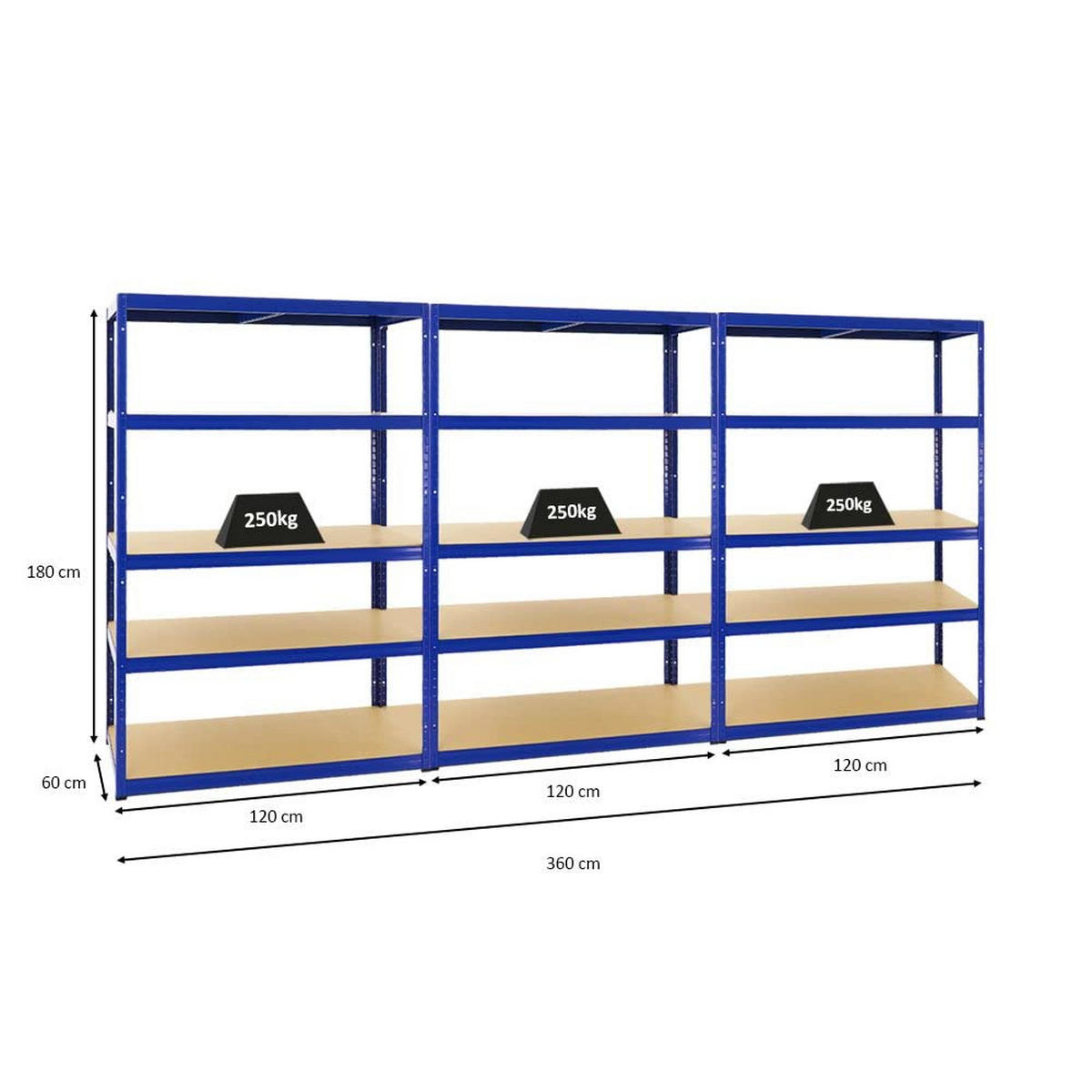 SCHWERLASTREGAL Big Elephant M 3er-Set mit 3x 180x120x60 cm Fachlast 250 kg Blau - Blau, Metall (360/180/60cm) - PROREGAL