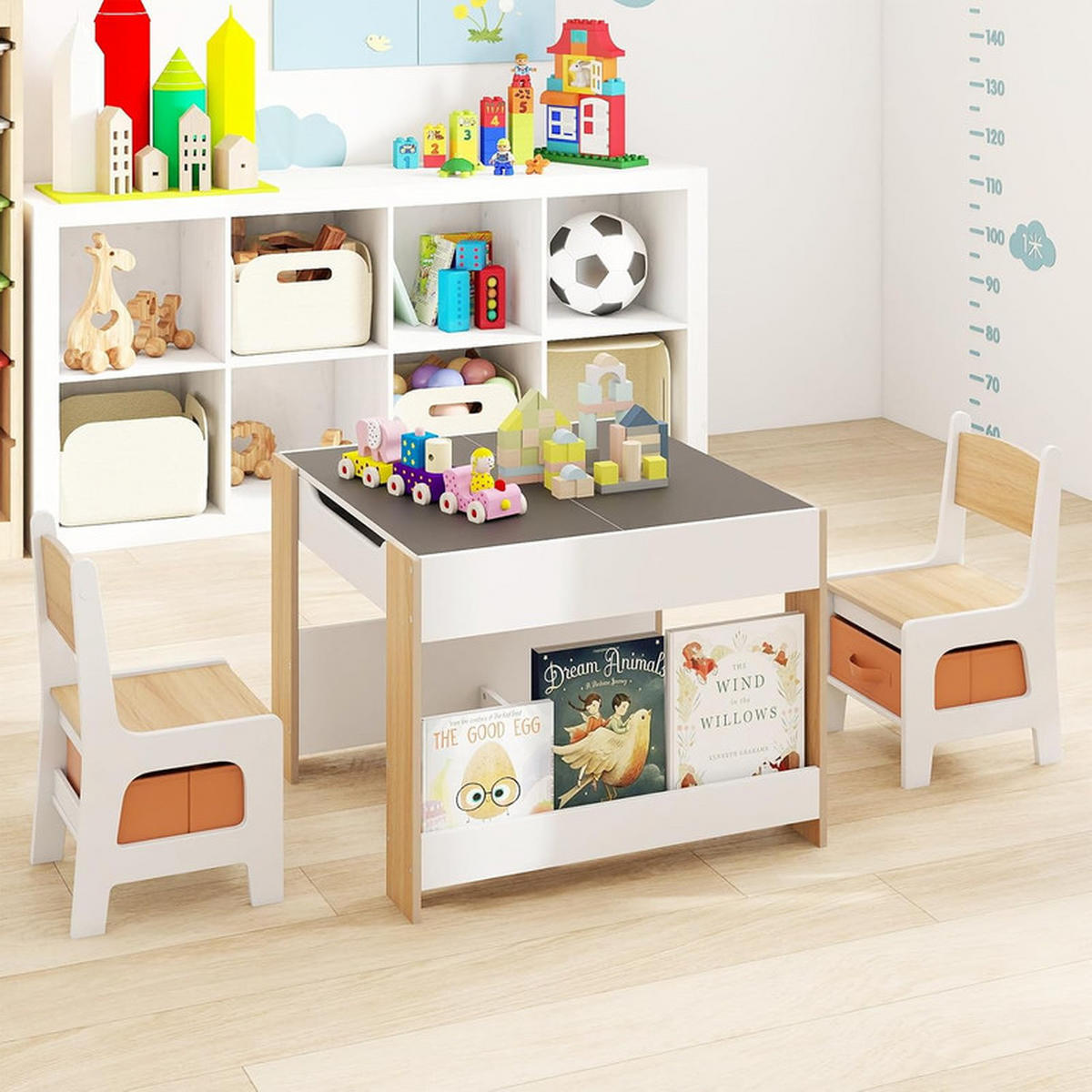 KINDERTISCH mit Stuhl natur(3-tlg) - Naturfarben, Holzwerkstoff (61.5/48/61.5cm) - COSTWAY