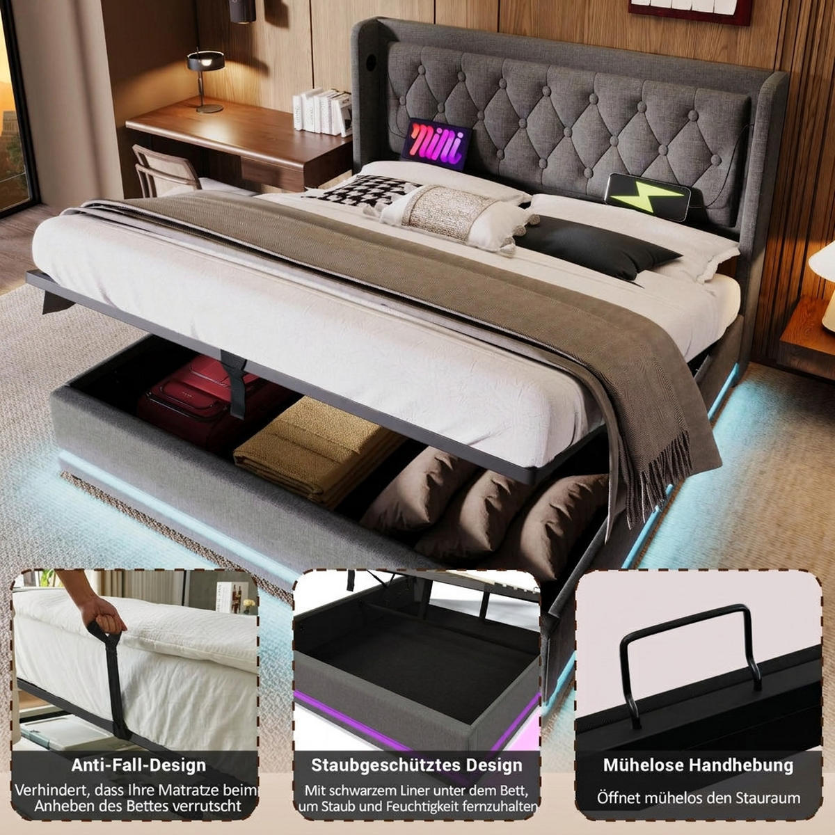 POLSTERBETT 160/200 cm Grau mit USB Typ-C Ladefunktion und 3-seitige LED-Funktion - Grau, Textil (160/200cm) - Oxeza