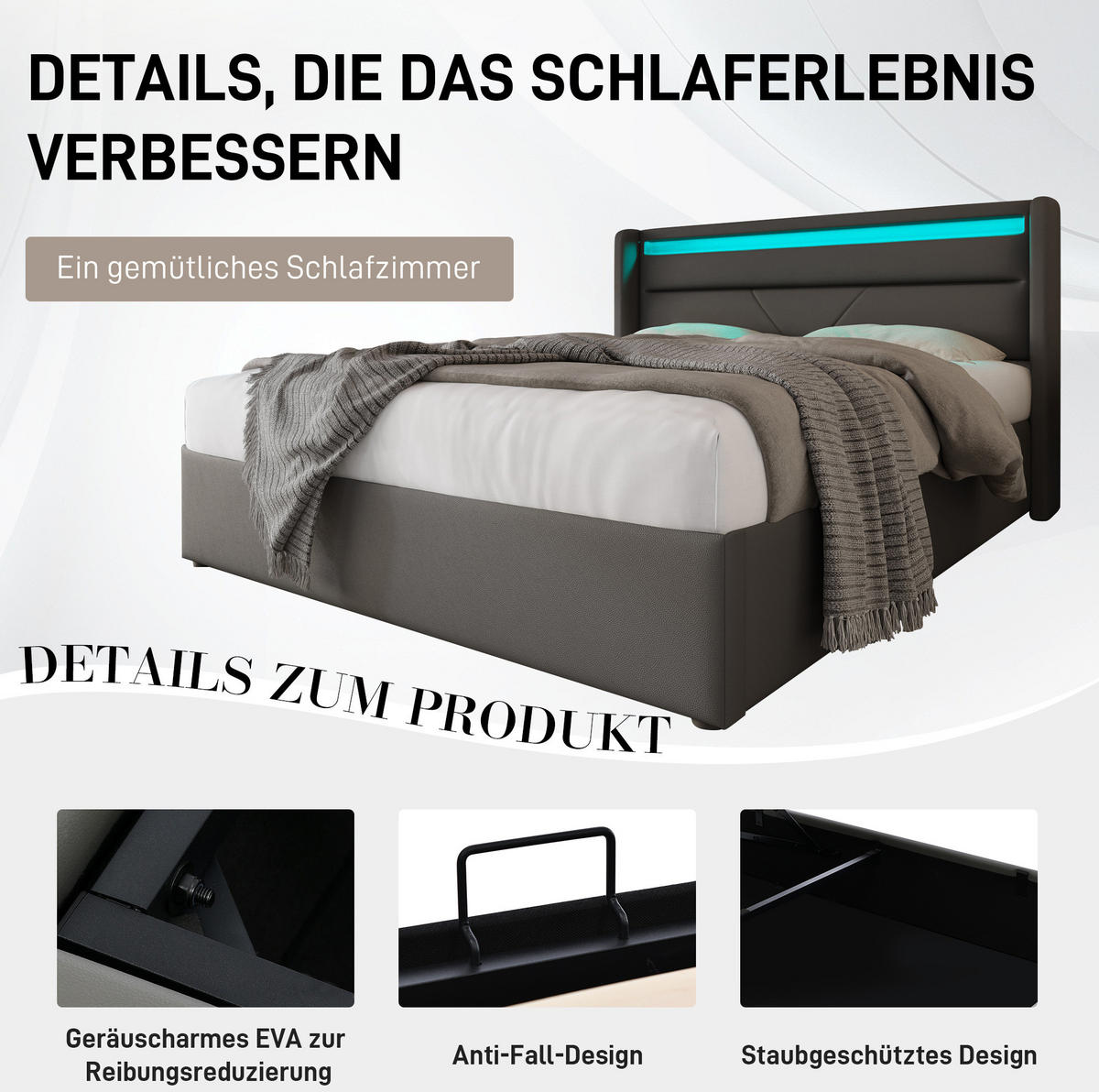 POLSTERBETT 140/200 cm Grau aus PU mit LED-Beleuchtung - Grau, Kunststoff (140/200cm) - OKMYHOME