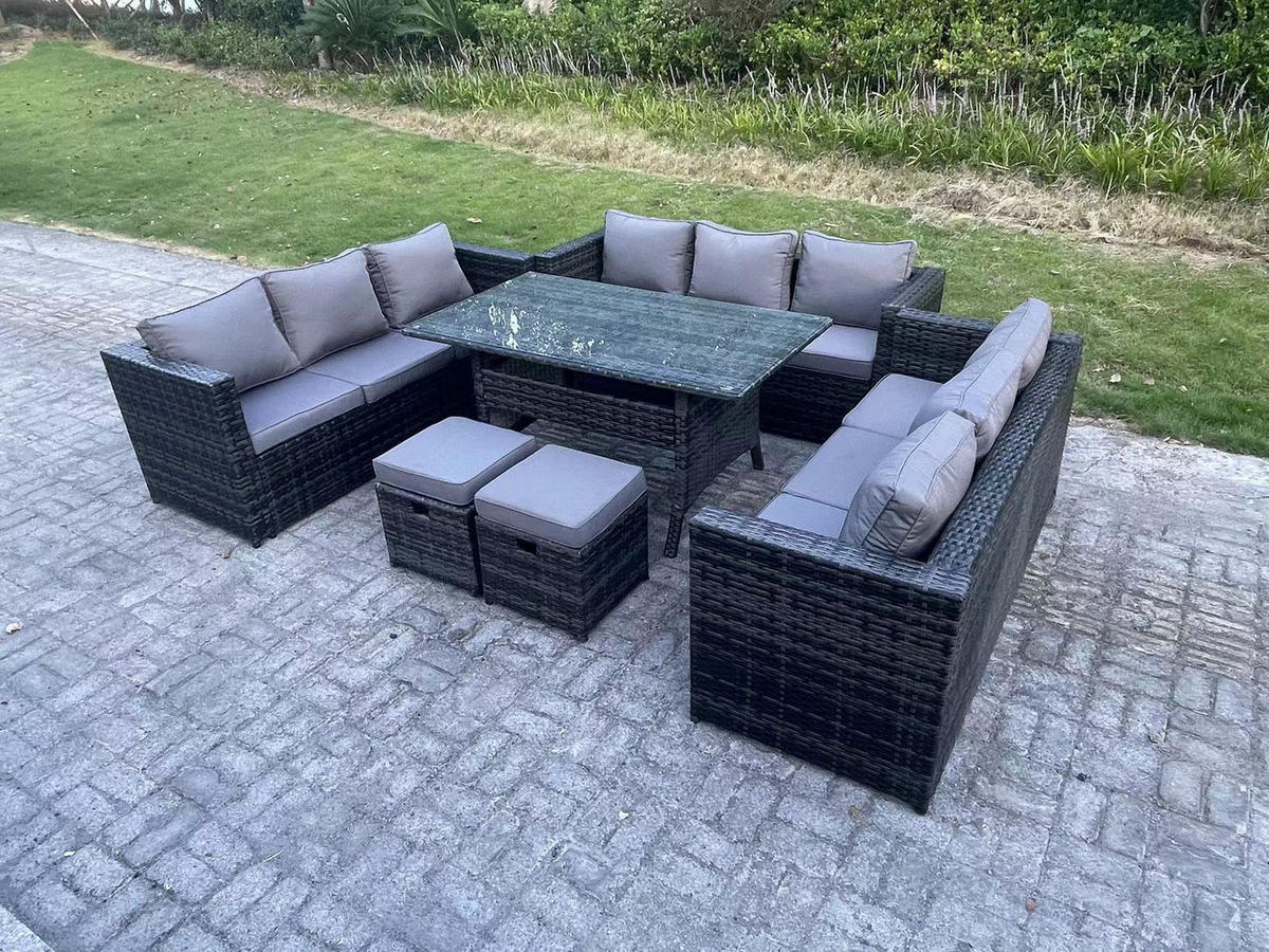 GARTENMÖBEL SET mit Hocker,Esstisch Polyrattan 11-Sitzer - Dunkelgrau/Grau, Glas/Kunststoff - Fimous