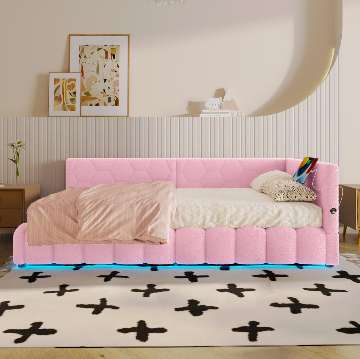 POLSTERBETT 90/200 cm aus Vliesimitat mit LED-Lichtleiste USB Typ-C und Stauraum Rosa - Rosa, Textil (90/200cm) - Modenvie