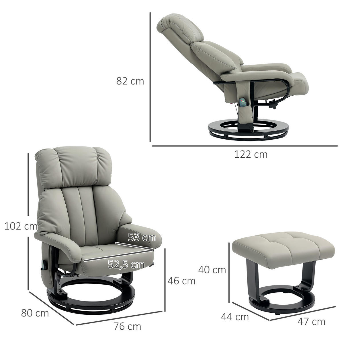 RELAXSESSEL mit Massage, Fußhocker Bonded Leather 360° drehbar 76/80/102 cm Grau - Grau, Kunststoff (80/102/76cm) - Redom