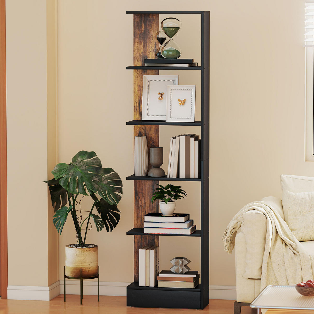BÜCHERREGAL,5-STÖCKIG 45x21x170cm,braun-schwarz - Braun, Holzwerkstoff (45/170/21cm) - Vallsero