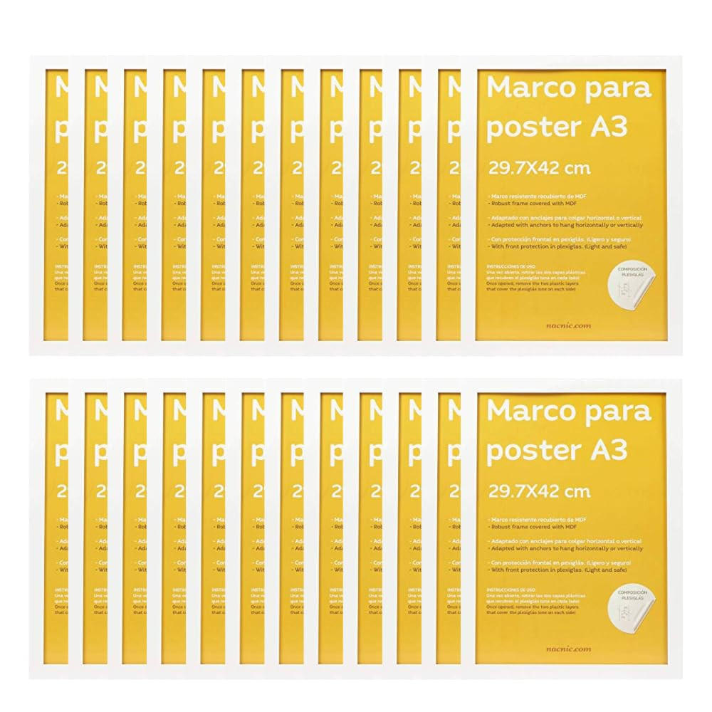 RAHMEN Set mit 24 aus MDF und Acrylglas Schutz und Aussteller für Fotografien, Bilder, Poster, Gemälde, Dekoration für Haus Farbe Weiß A3 - Weiß, Holz (29.7/3/42cm) - Nacnic