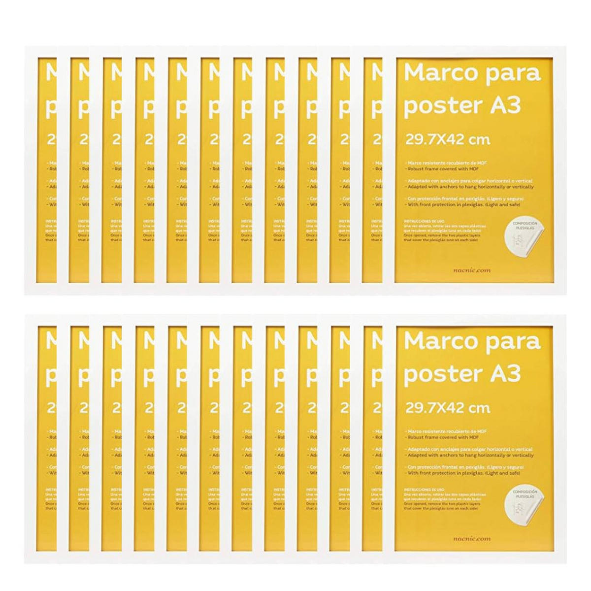 RAHMEN Set mit 24 aus MDF und Acrylglas Schutz und Aussteller für Fotografien, Bilder, Poster, Gemälde, Dekoration für Haus Farbe Weiß A3 - Weiß, Holz (29.7/3/42cm) - Nacnic