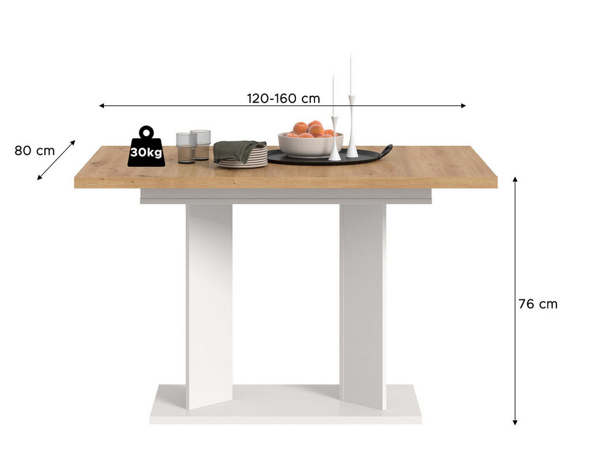 ESSTISCH Eiche Artisan, weiß 120 - 160 x 80 cm, Küchentisch ausziehbar - Eiche Artisan/Weiß, Holzwerkstoff (80/120/76cm) - Inn.Furn
