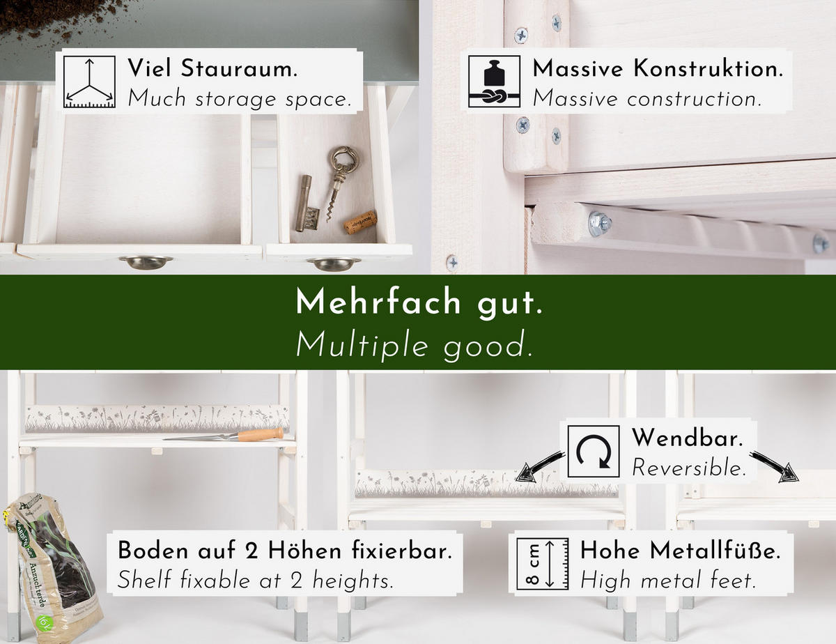 PFLANZTISCH aus Holz, mit 3 Schubladen, wetterfest für Garten und Balkon, weiß - Weiß, Holz (45/85/130cm) - WONDERMAKE