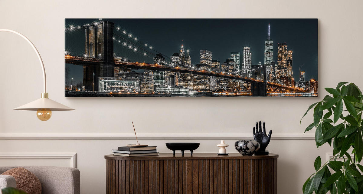PANORAMABILD New York bei Nacht Architektur 3D 145x45cm - Blau/Beige, Textil (145/45cm) - Muralo