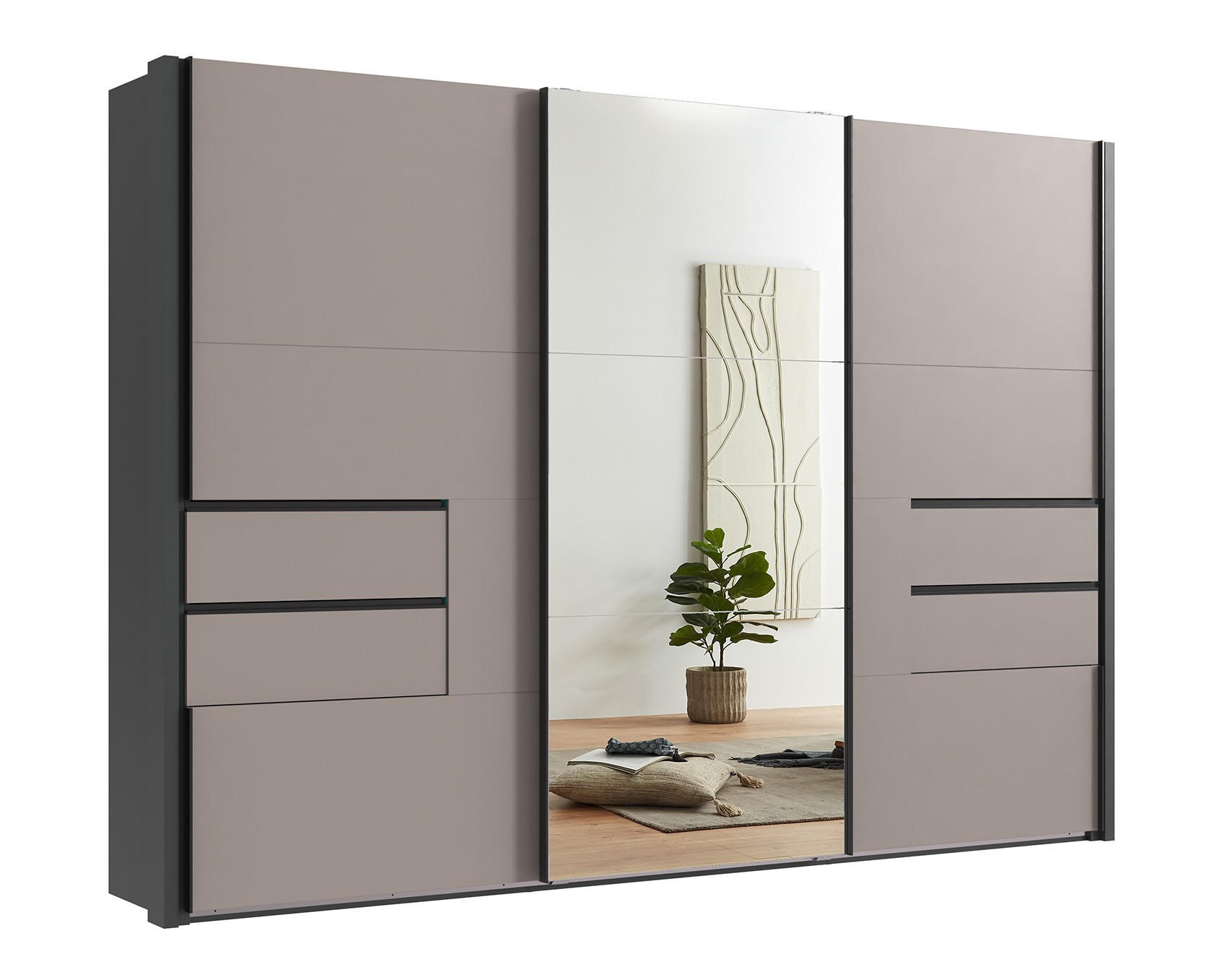SCHWEBETÜRENSCHRANK B312/H216/T65 cm, Korpus+Passepartout Grafit, Türen+Schubladen Sand Grau / Spiegel, inkl. Vollausstattung / 22066 - Sandfarben/Schwarz, Holzwerkstoff/Metall (312/216/65cm) - luma-home
