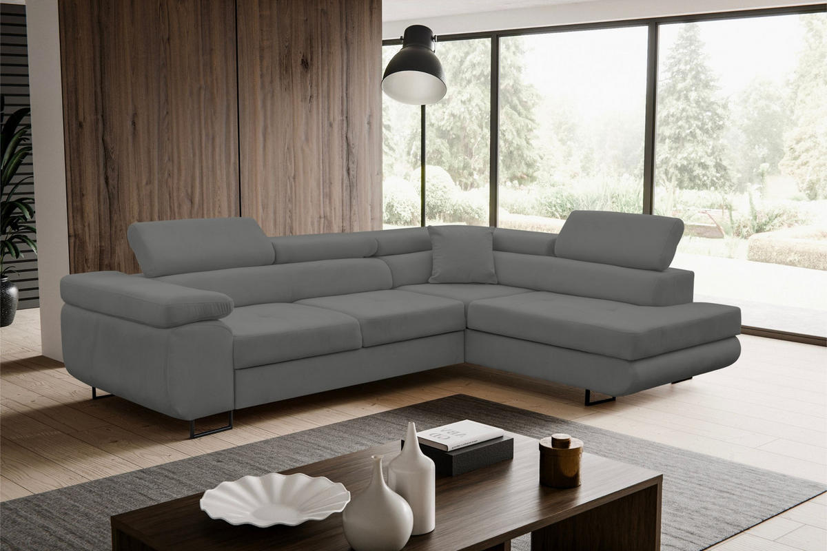 ECKSOFA Jerry in L-Form mit Schlaffunktion und Bettkasten, Farbe: Grau, Veloursstoff, Ottomane Rechts - Grau, Textil (275/202cm) - VENASI MÖBEL