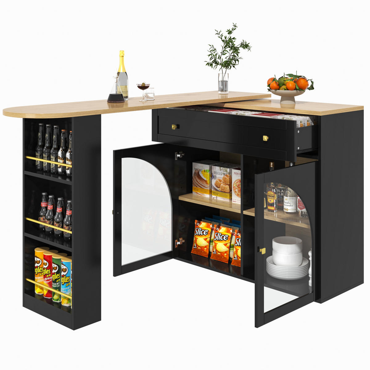 BARTISCH, MDF ausziehbar 138-204/39/104 cm mit Stauraum & 360° drehbar, Schwarz - Schwarz, Holzwerkstoff (39/104/138cm) - Redom