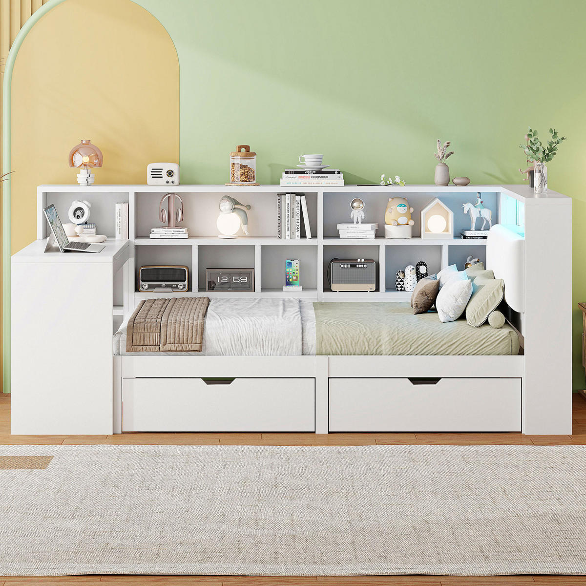 BETT 90/200 cm mit Kopfteil, Schreibtisch, Regal und Schubladen in Weiß - Weiß, Holzwerkstoff (90/200cm) - BEAOK