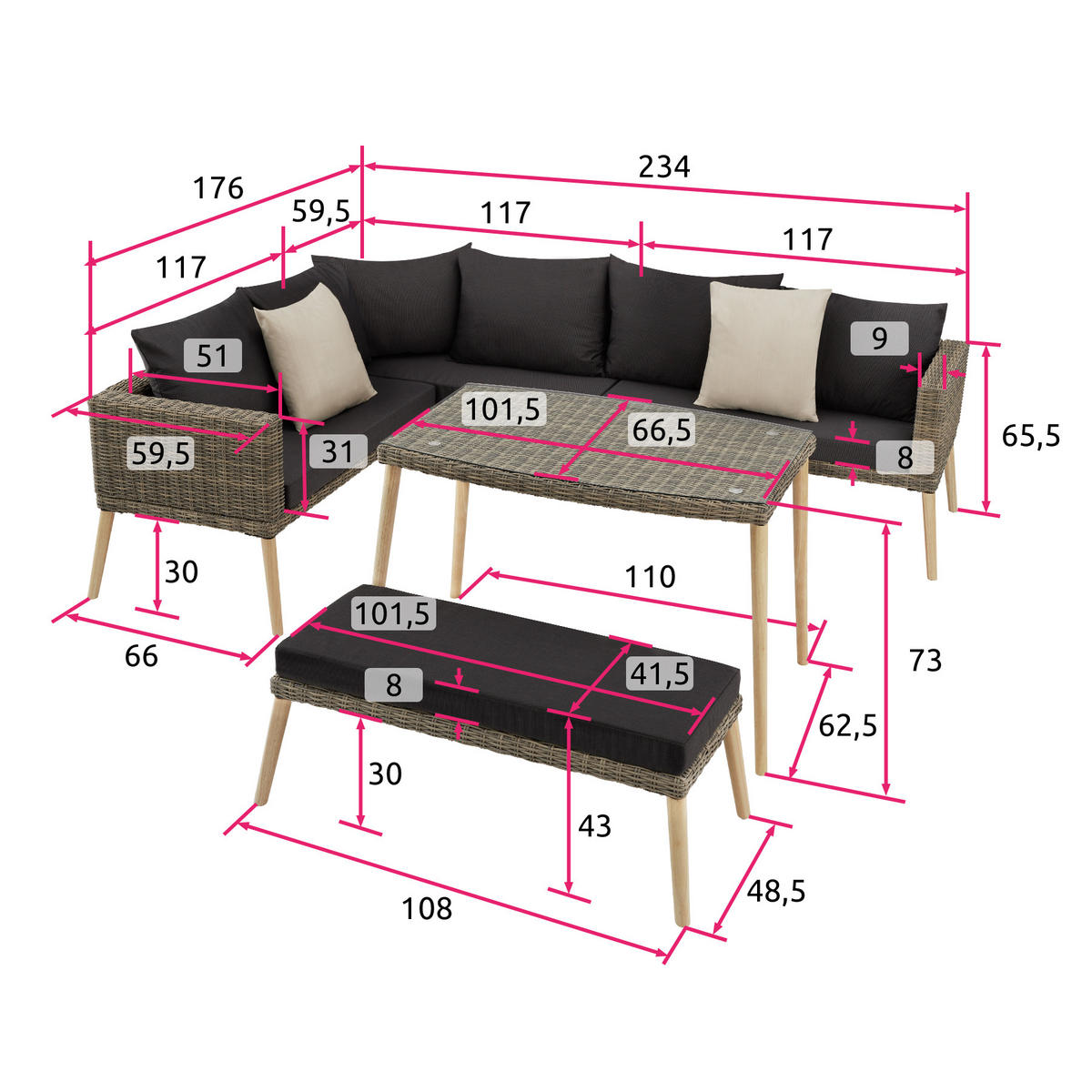 RATTANLOUNGE Pula,mit Sicherheitsglasplatte,natur - Naturfarben, Kunststoff/Metall - tectake