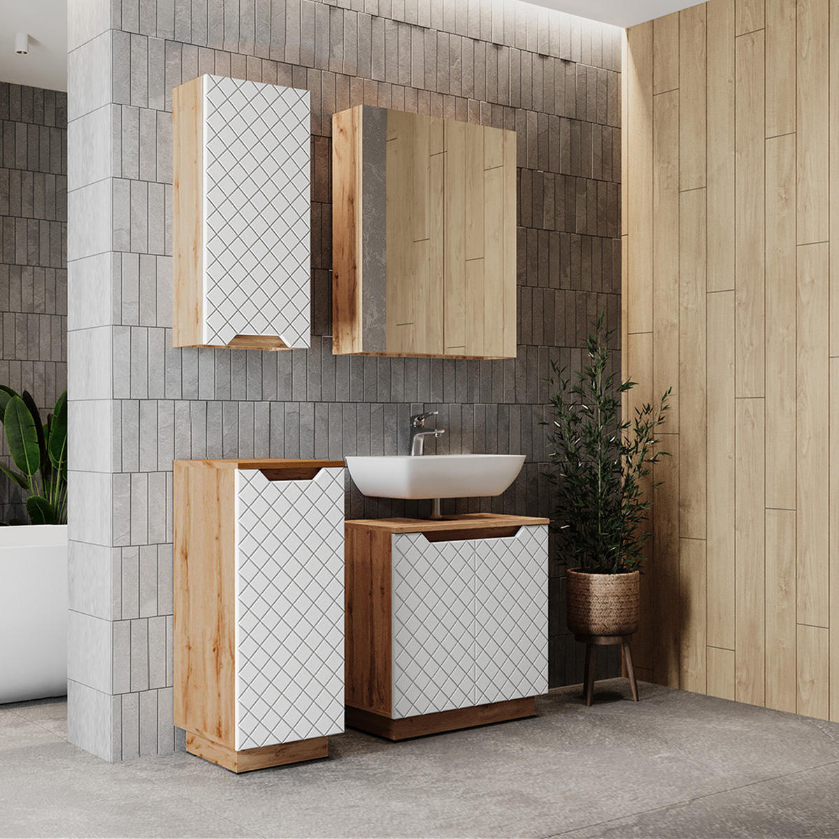 BADMÖBEL-SET Lotta Eiche/weiß gestreift 4 Teile - Eichefarben/Weiß, Holzwerkstoff (59.8/62.1/32cm) - Vicco