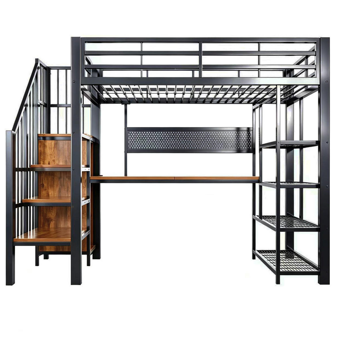 HOCHBETT 90/200 cm mit Stauraumtreppe, Schreibtisch, LED-Beleuchtung und Steckdose, Schwarz - Schwarz, Metall (90/200cm) - Redom
