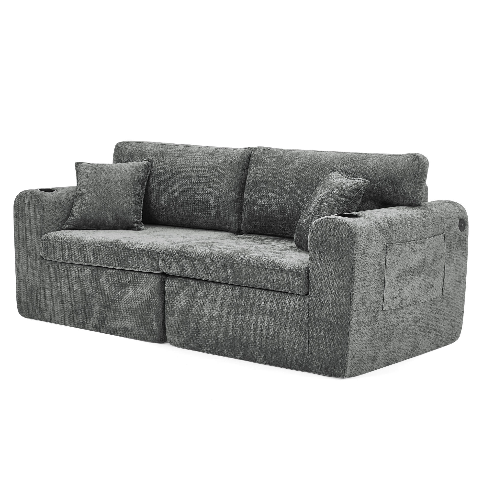 2-SITZER-RELAXSOFA mit USB und Getränkehalter Chenille Gray - Grau, Kunststoff (220/89/100cm) - Meubliv