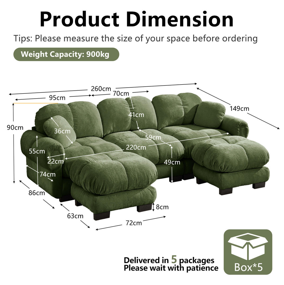 SOFA U-Form 3-Sitzer mit Hocker Chenille Grün - Grün, Holz (149/90/260.1cm) - Meubliv