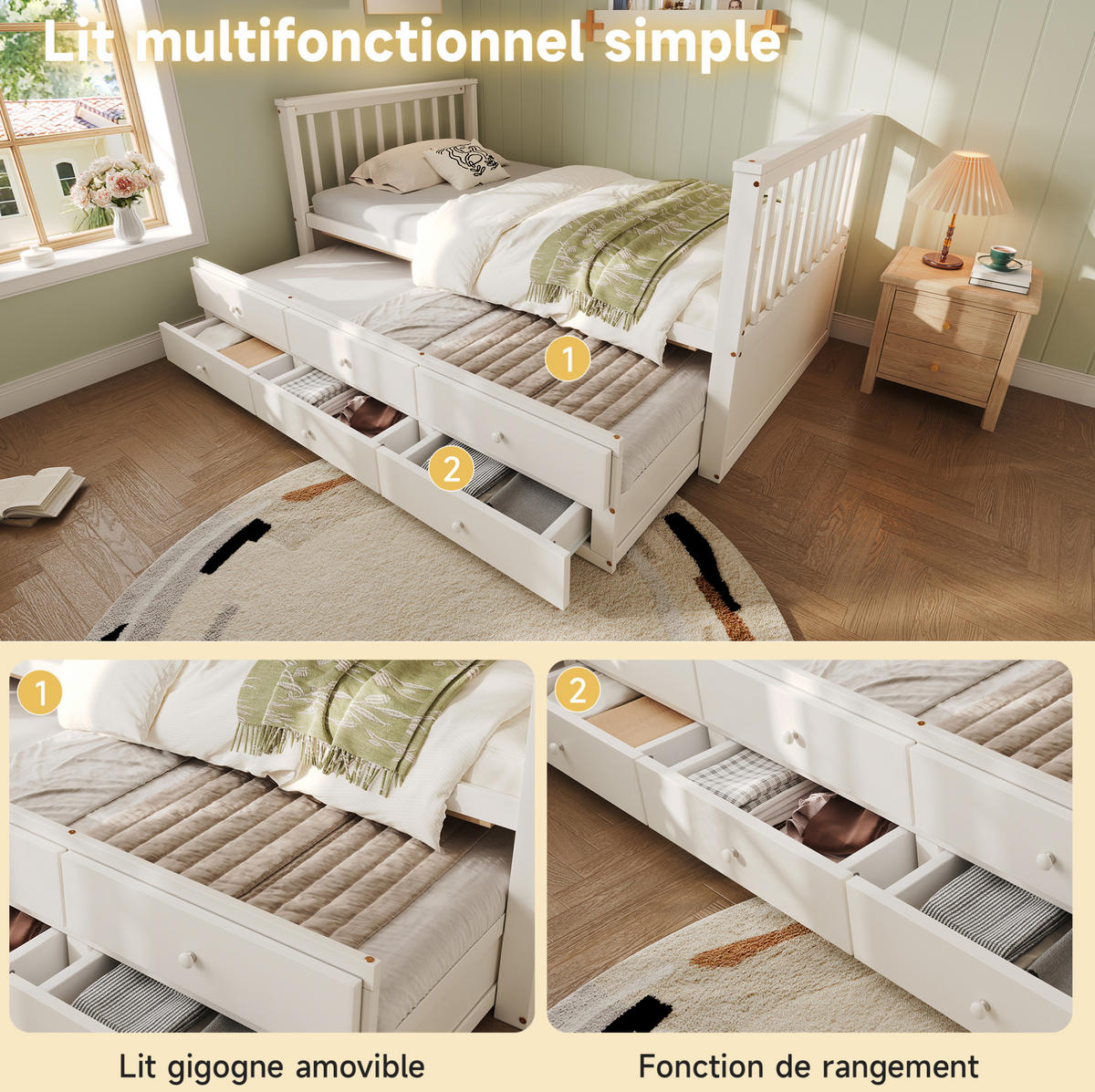 TAGESBETT aus Kiefernholz und MDF 90x200 cm Weiß mit Ausziehbett und 3 Schubladen - Weiß, Holzwerkstoff (90/200cm) - IVMEU