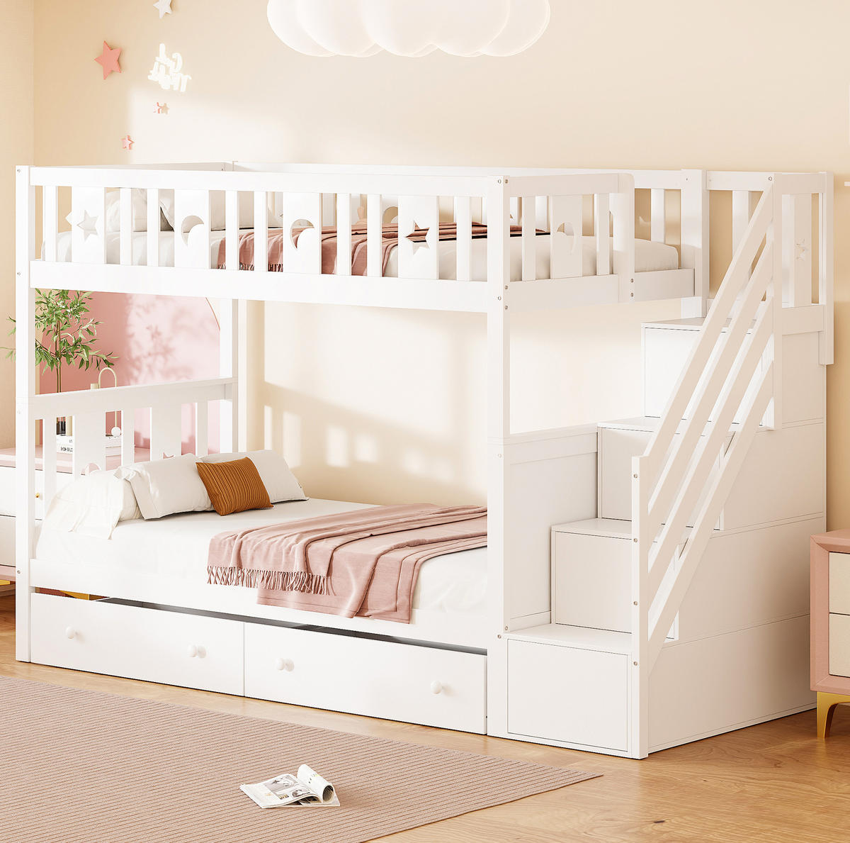 POSCHODOVÁ posteľ 90/200 cm biela s úložnými schodmi a 2 zásuvkami z borovicového dreva a MDF - biela, drevo (90/200cm) - OKWISH