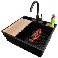 GRANITSPÜLE New York, 2-er set Alles Schwarz 58/53 cm 1 Becken + Küchenarmatur 32/20 cm + Ablauf-Set + Küchenzubehörset ab 60er Unterschrank - Beige/Schwarz, Kunststoff (58/20/53cm) - Primagran