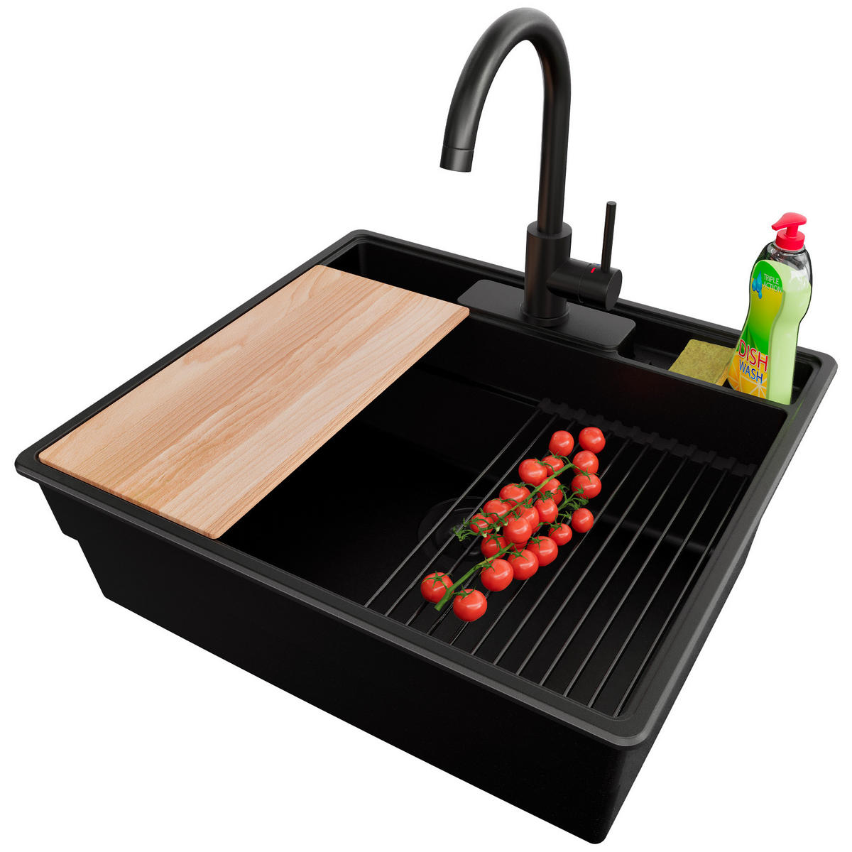 GRANITSPÜLE New York, 2-er set Alles Schwarz 58/53 cm 1 Becken + Küchenarmatur 32/20 cm + Ablauf-Set + Küchenzubehörset ab 60er Unterschrank - Beige/Schwarz, Kunststoff (58/20/53cm) - Primagran