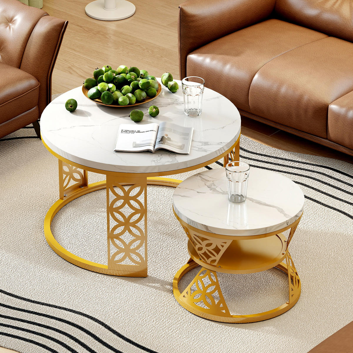 COUCHTISCH Moderner Nesting Satztisch 70/70/45 cm + 45/45/37 cm Kontrastfarbendesign - Weiß, Holzwerkstoff (70/70/45cm) - OKWISH