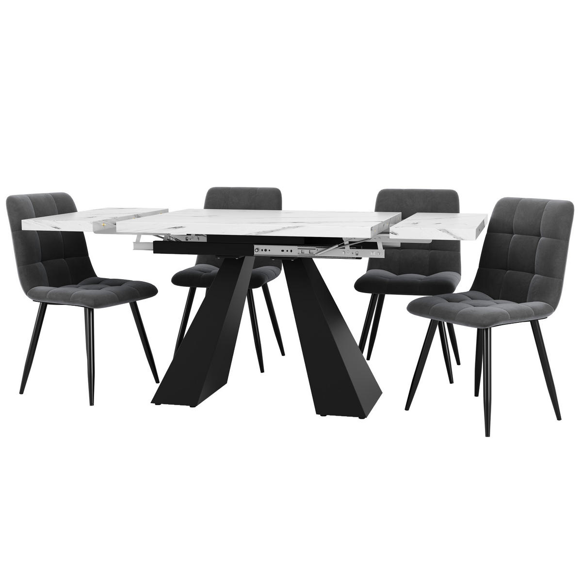 ESSTISCH-SET, MDF in Marmoroptik mit Ausziehtisch & 4 Samtstühlen, 99-159/74/77 cm, Weiß - Weiß, Holzwerkstoff - Redom
