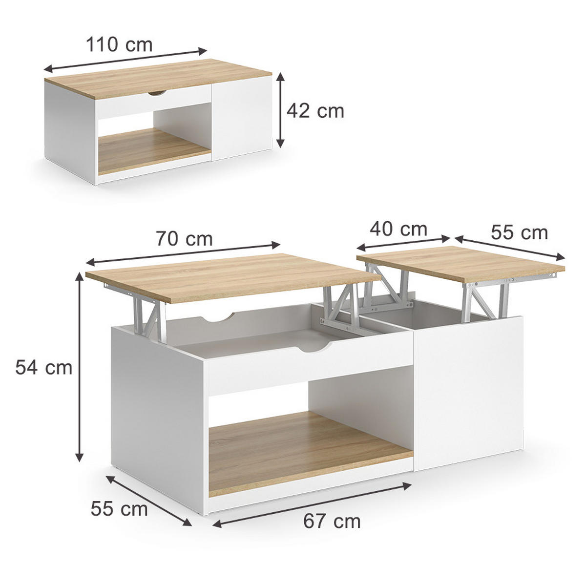 COUCHTISCH Avela Weiß/Sonoma 55 x 110 cm - Weiß, Holzwerkstoff (110/55/54cm) - Vicco