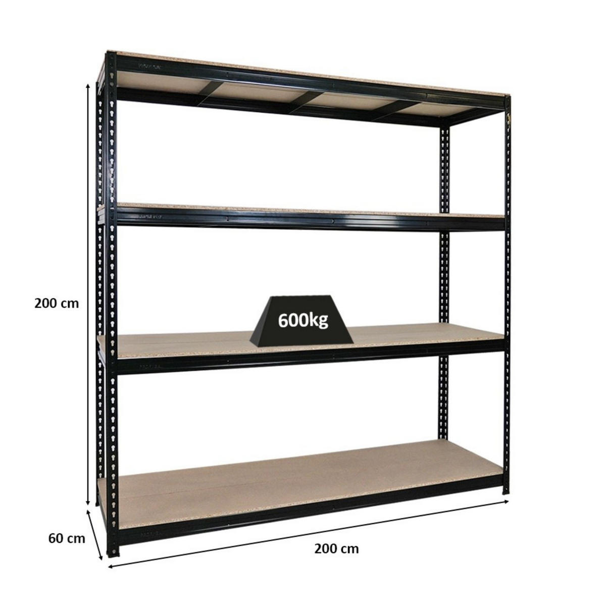 SCHWERLASTREGAL Bison 200x200x60 cm 4 Spanplatten-Ebenen 16mm Fachlast 600 kg Schwarz - Schwarz, Metall (200/200/60cm) - PROREGAL