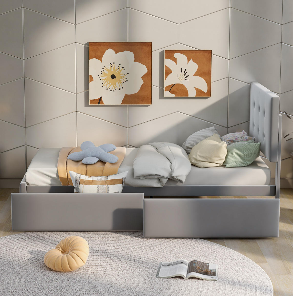 BETT mit Schublade und Lattenrost 90x200 cm Samt Grau - Grau, Holzwerkstoff (90/200cm) - Beauniv