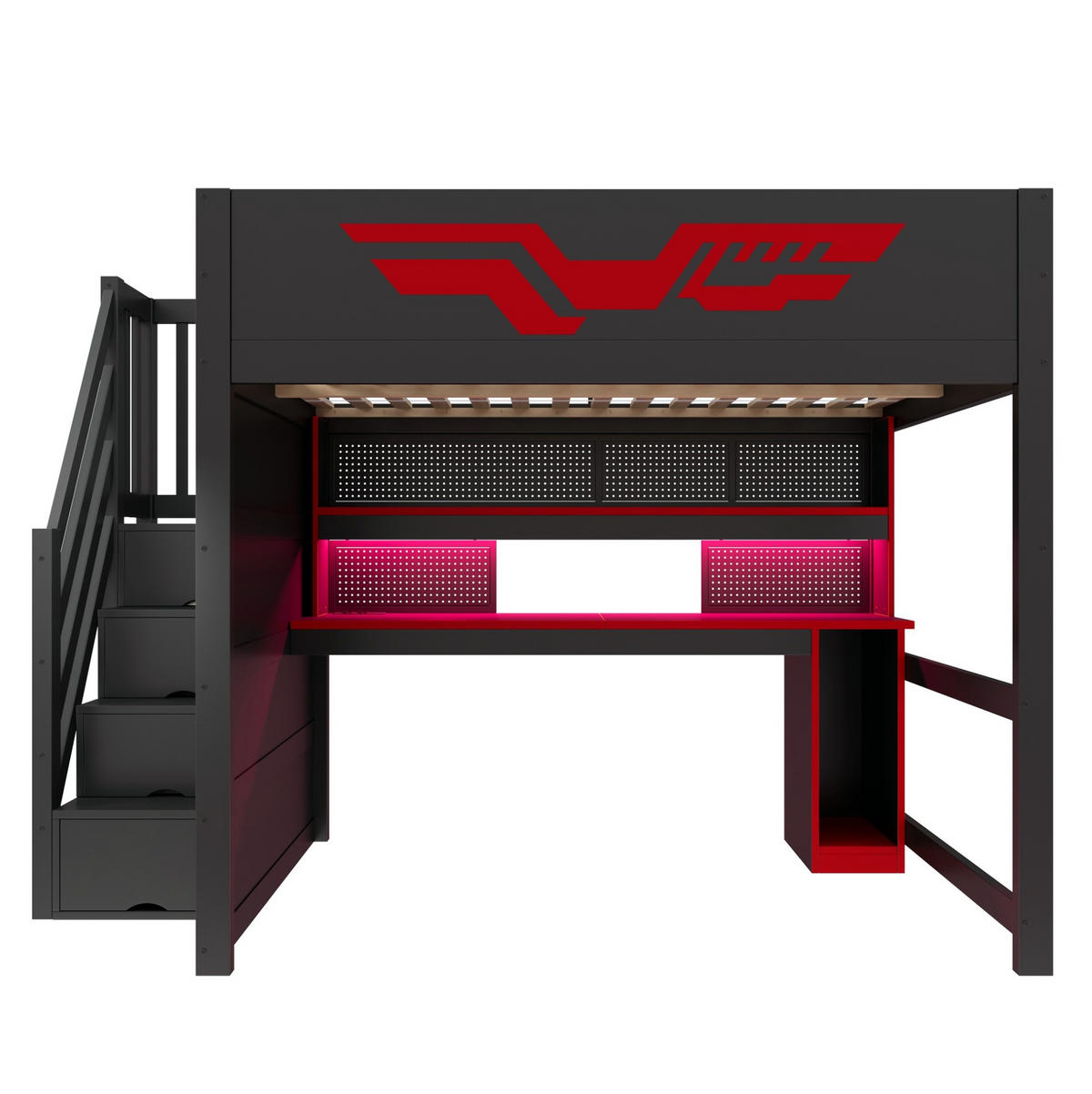 GAMING-HOCHBETT MDF & Sperrholz 140x200 cm Schwarz/Rot mit Schreibtisch, Stauraumtreppe, LED und USB - Schwarz, Holzwerkstoff (140/200cm) - Modfu
