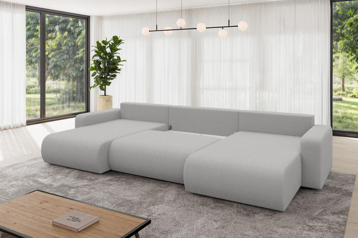 SEDACÍ SOUPRAVA DO U s funkcí spaní a úložným prostorem BERY-U 377x193x88 světle šedá bouclé - černá/stříbrná, kompozitní dřevo/textil (377/88/193cm) - ALTDECOR