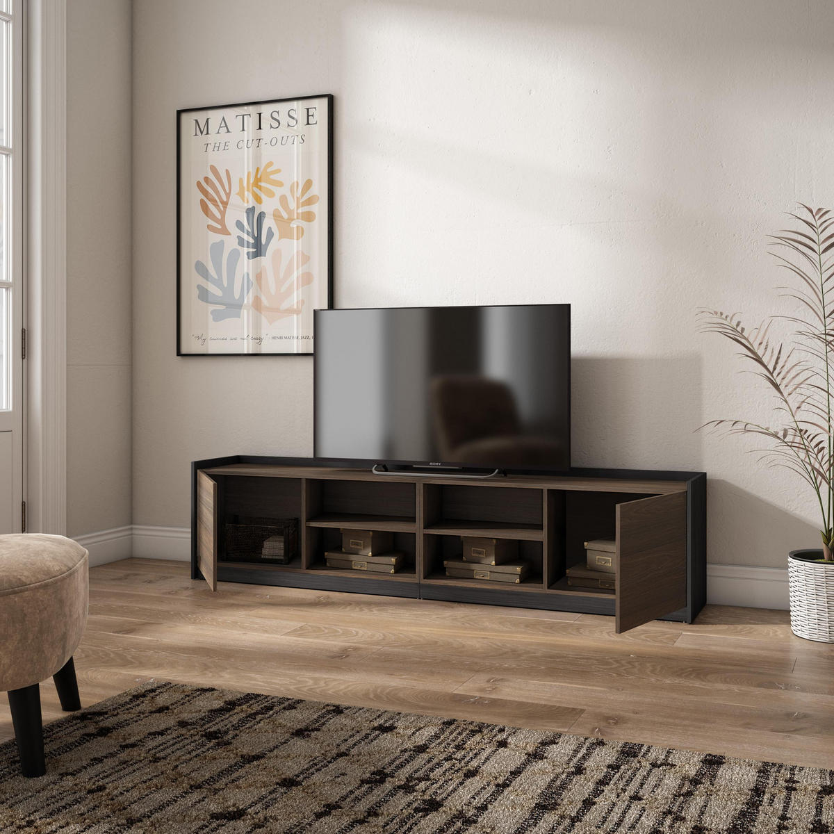 TV-SCHRANK, Lowboard, 207/37/50cm, Für TV-Geräte bis zu 80", Eiche und Schwarz - Dunkelbraun, Holzwerkstoff (207/50/37cm) - Skraut Home