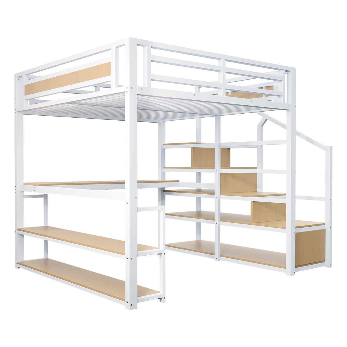 HOCHBETT 140/200 cm Weiß Metall mit Regalen und Tisch aus MDF - Weiß, Metall (140/200cm) - OKWISH