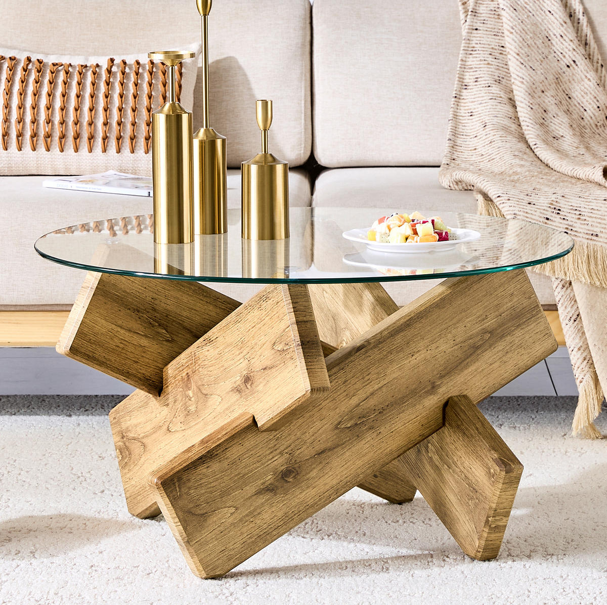 COUCHTISCH 79/45 cm aus MDF und Glas mit Kreuzgestell in Holzoptik - Klar, Holzwerkstoff (79/79/45cm) - Flora Grace