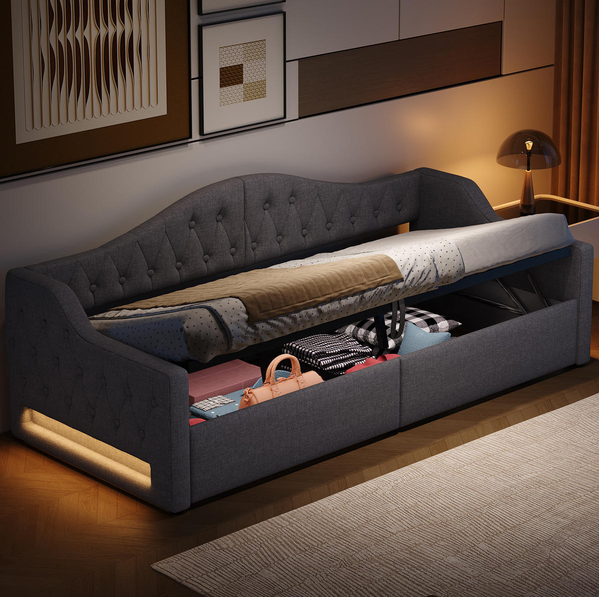 POLSTERBETT 90/200 cm aus MDF und Sperrholz mit Leinenbezug LED-Beleuchtung und Stauraum Grau - Grau, Holzwerkstoff (90/200cm) - Modenvie