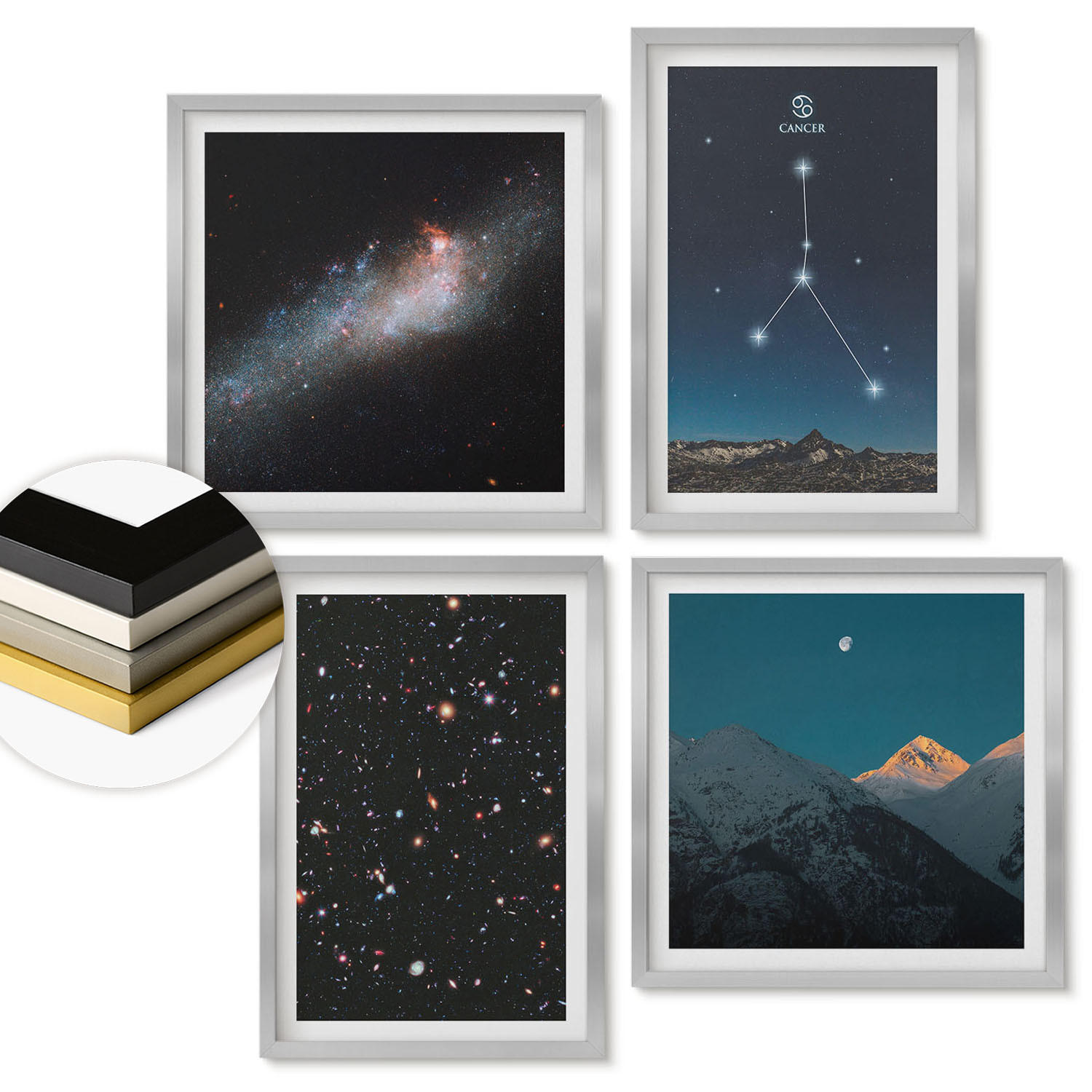 WANDBILDER 4er Set - 50x50 cm & 40x60 cm Silberner Rahmen - Weltraumgalaxie-Konstellation Krebs - Silberfarben, Kunststoff (50/50cm) - ArtPrintCave