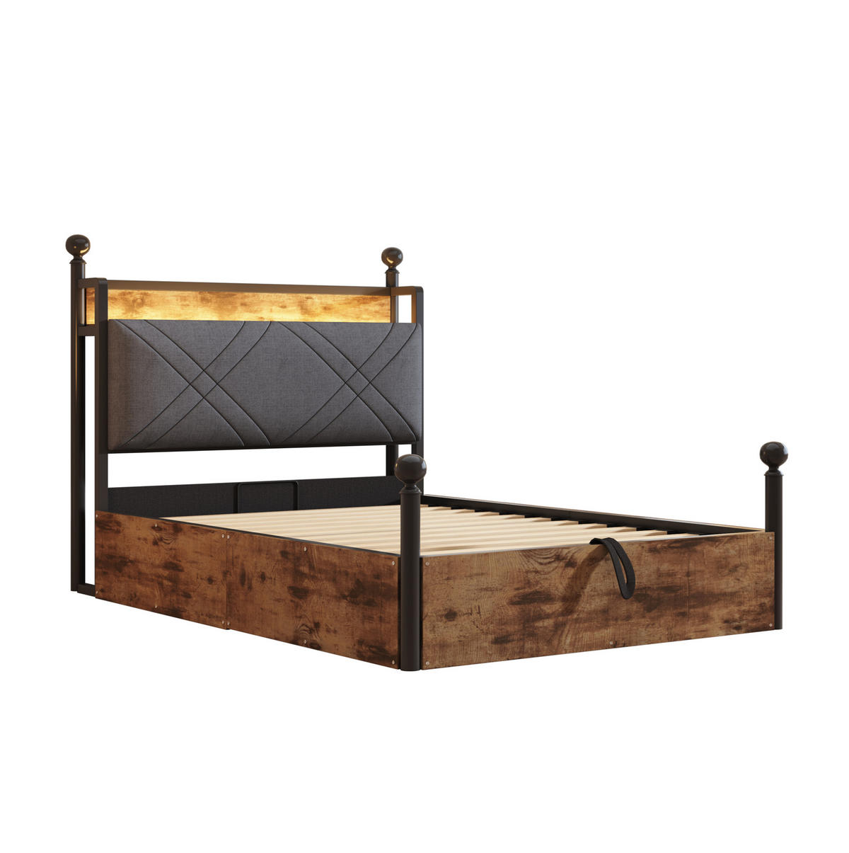METALLBETT 90/190 cm Schwarz mit Stauraum, LED-Beleuchtung und USB-/Type-C - Schwarz, Metall (90/190cm) - Flora Grace